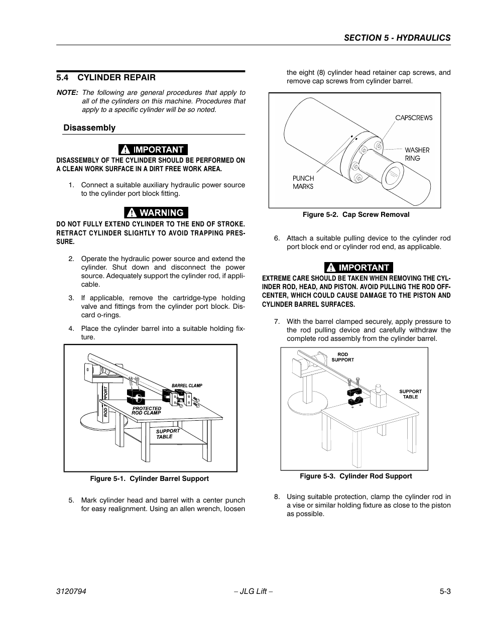 4 cylinder repair, Disassembly, Cylinder repair -3 | Disassembly -3, Cylinder barrel support -3, Cap screw removal -3, Cylinder rod support -3 | JLG 600SC_660SJC ANSI Service Manual User Manual | Page 89 / 184