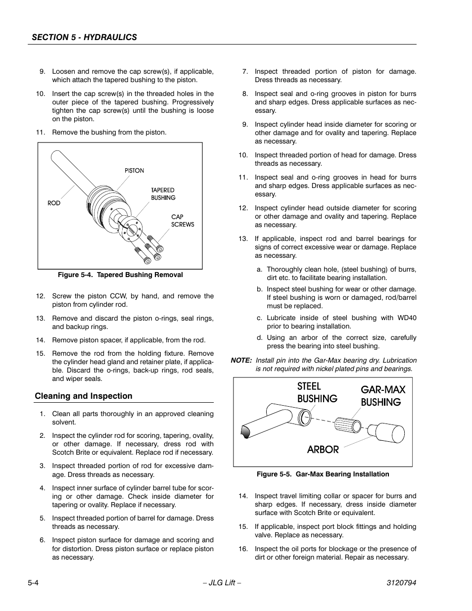 Cleaning and inspection, Cleaning and inspection -4, Tapered bushing removal -4 | Gar-max bearing installation -4 | JLG 600SC_660SJC ANSI Service Manual User Manual | Page 90 / 184