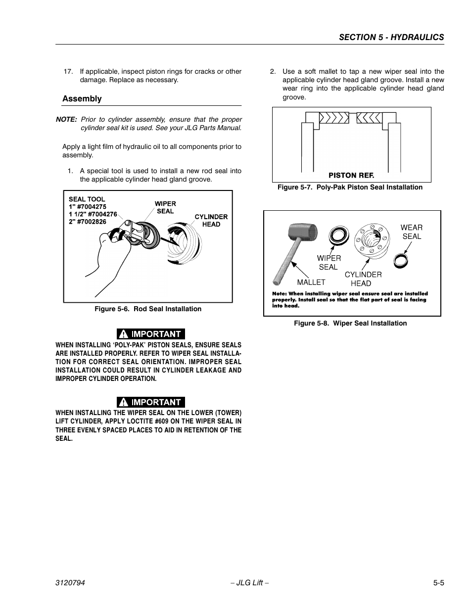 Assembly, Assembly -5, Rod seal installation -5 | Poly-pak piston seal installation -5, Wiper seal installation -5 | JLG 600SC_660SJC ANSI Service Manual User Manual | Page 91 / 184