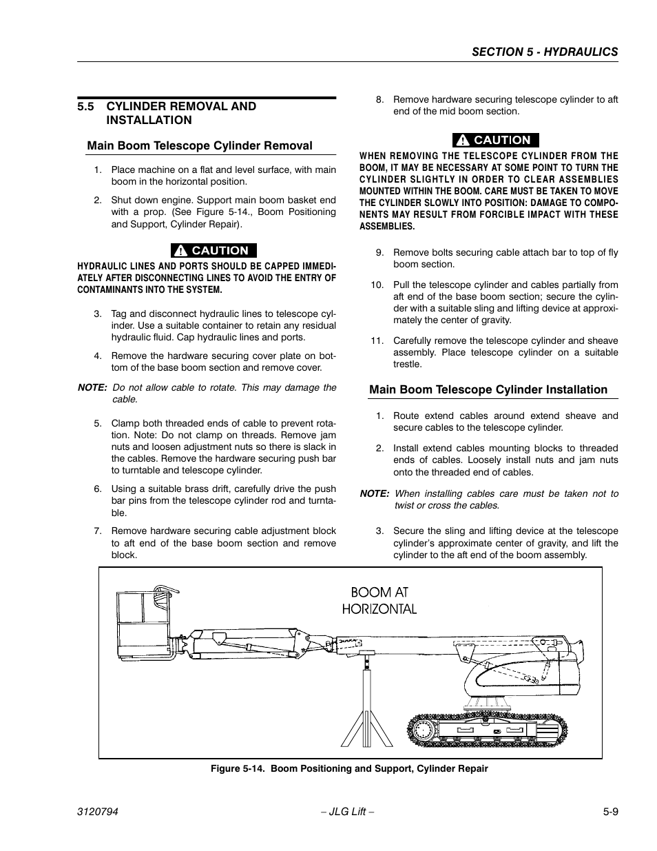 5 cylinder removal and installation, Main boom telescope cylinder removal, Main boom telescope cylinder installation | Cylinder removal and installation -9, Boom positioning and support, cylinder repair -9 | JLG 600SC_660SJC ANSI Service Manual User Manual | Page 95 / 184