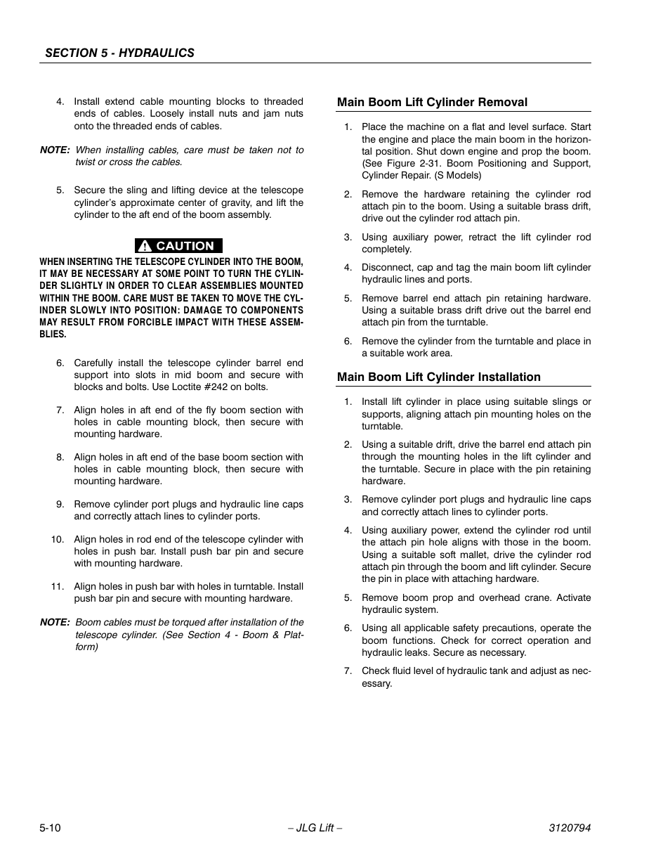 Main boom lift cylinder removal, Main boom lift cylinder installation | JLG 600SC_660SJC ANSI Service Manual User Manual | Page 96 / 184