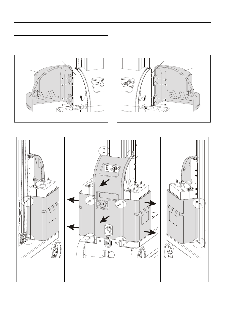 2 controls cover installation, Battery cover doors, Center, left and right lower covers | Controls cover installation -2 | JLG DVSP Series Service Manual User Manual | Page 60 / 164