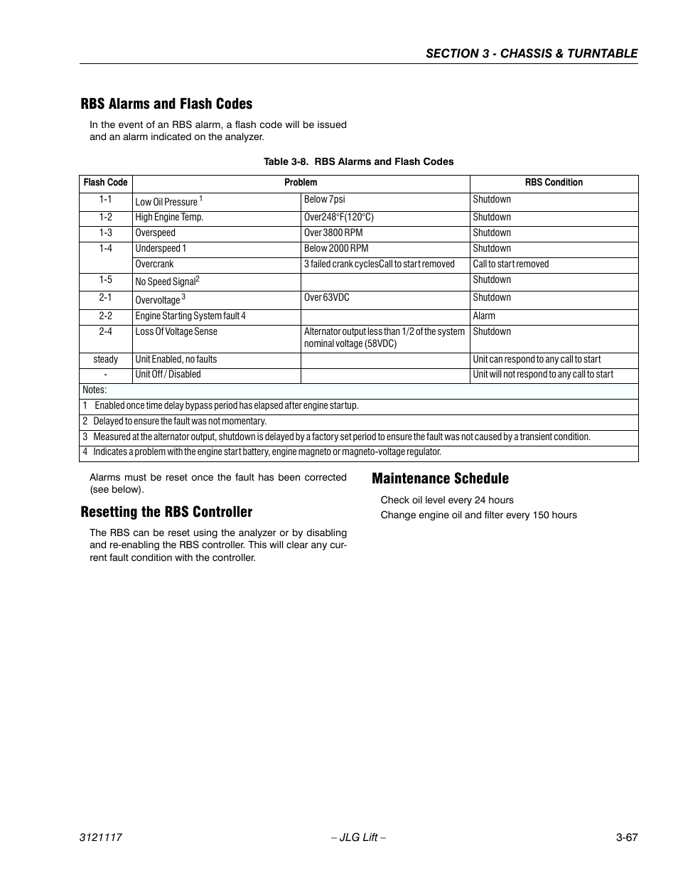 Rbs alarms and flash codes, Resetting the rbs controller, Maintenance schedule | Rbs alarms and flash codes -67 | JLG M600 ANSI Service Manual User Manual | Page 105 / 222