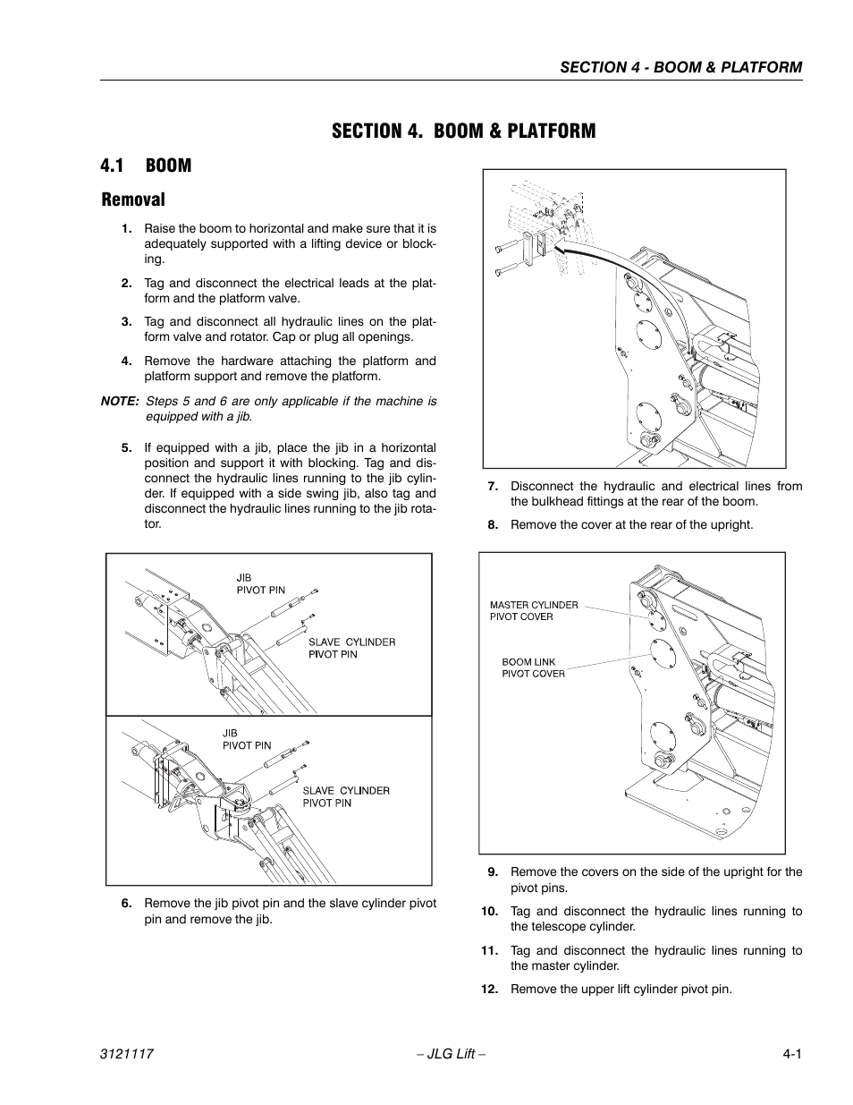 Section 4. boom & platform, 1 boom, Removal | 1 boom removal | JLG M600 ANSI Service Manual User Manual | Page 111 / 222