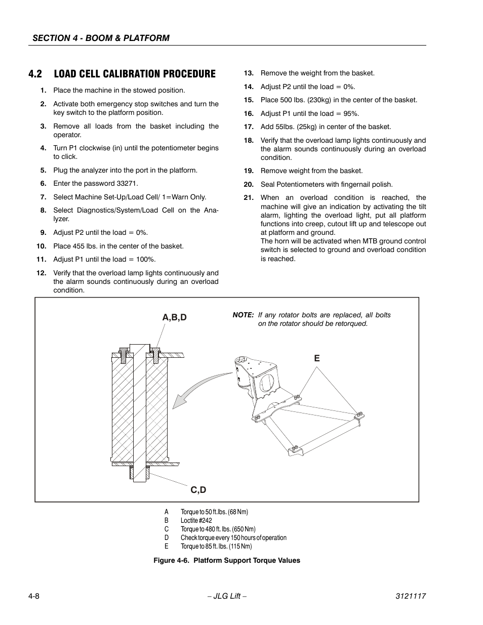 2 load cell calibration procedure, Platform support torque values -8 | JLG M600 ANSI Service Manual User Manual | Page 118 / 222