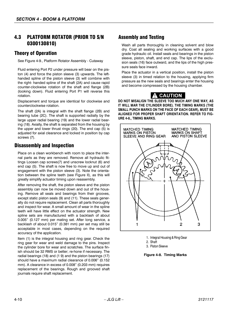 3 platform rotator (prior to s/n 0300130810), Theory of operation, Disassembly and inspection | Assembly and testing, Timing marks -10 | JLG M600 ANSI Service Manual User Manual | Page 120 / 222