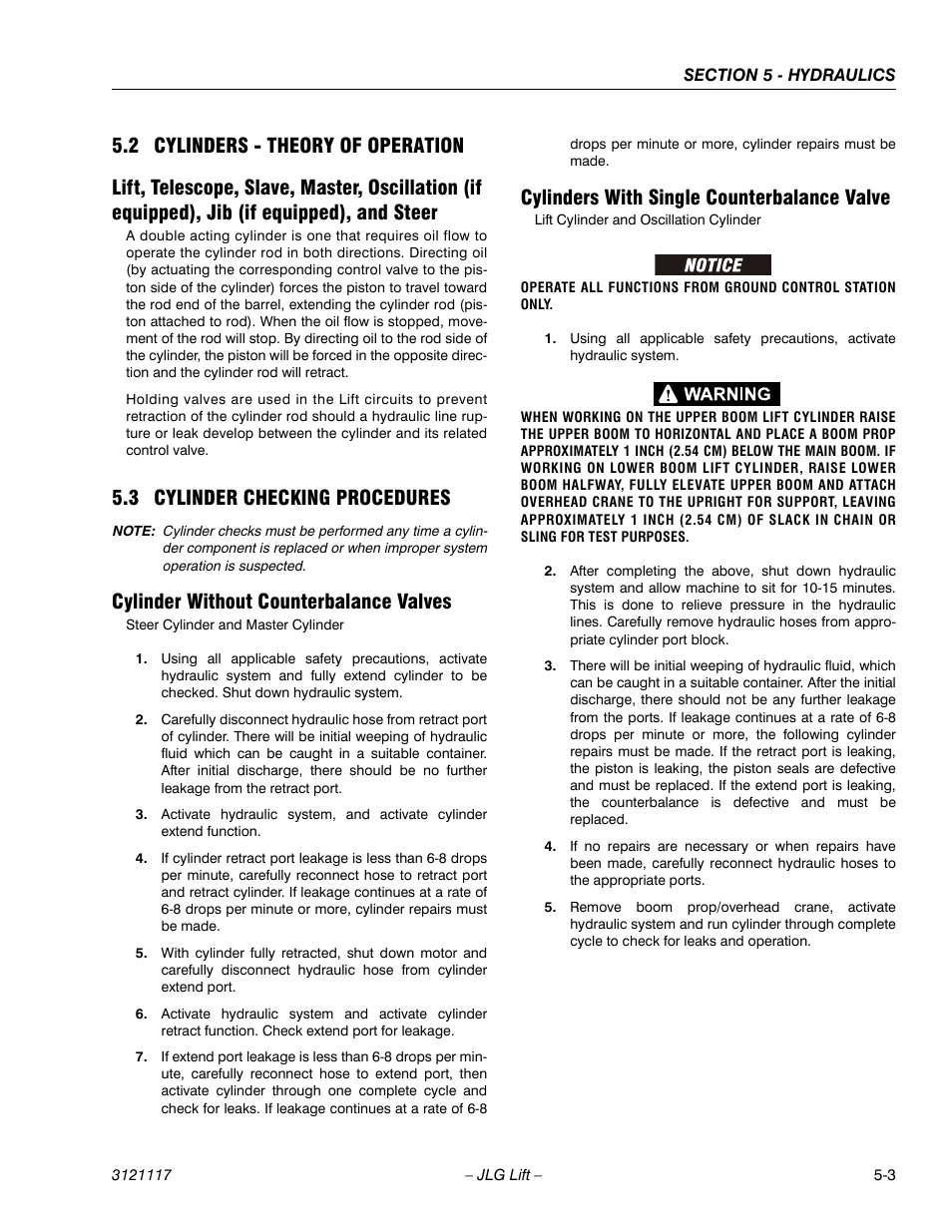 2 cylinders - theory of operation, 3 cylinder checking procedures, Cylinder without counterbalance valves | Cylinders with single counterbalance valve | JLG M600 ANSI Service Manual User Manual | Page 147 / 222