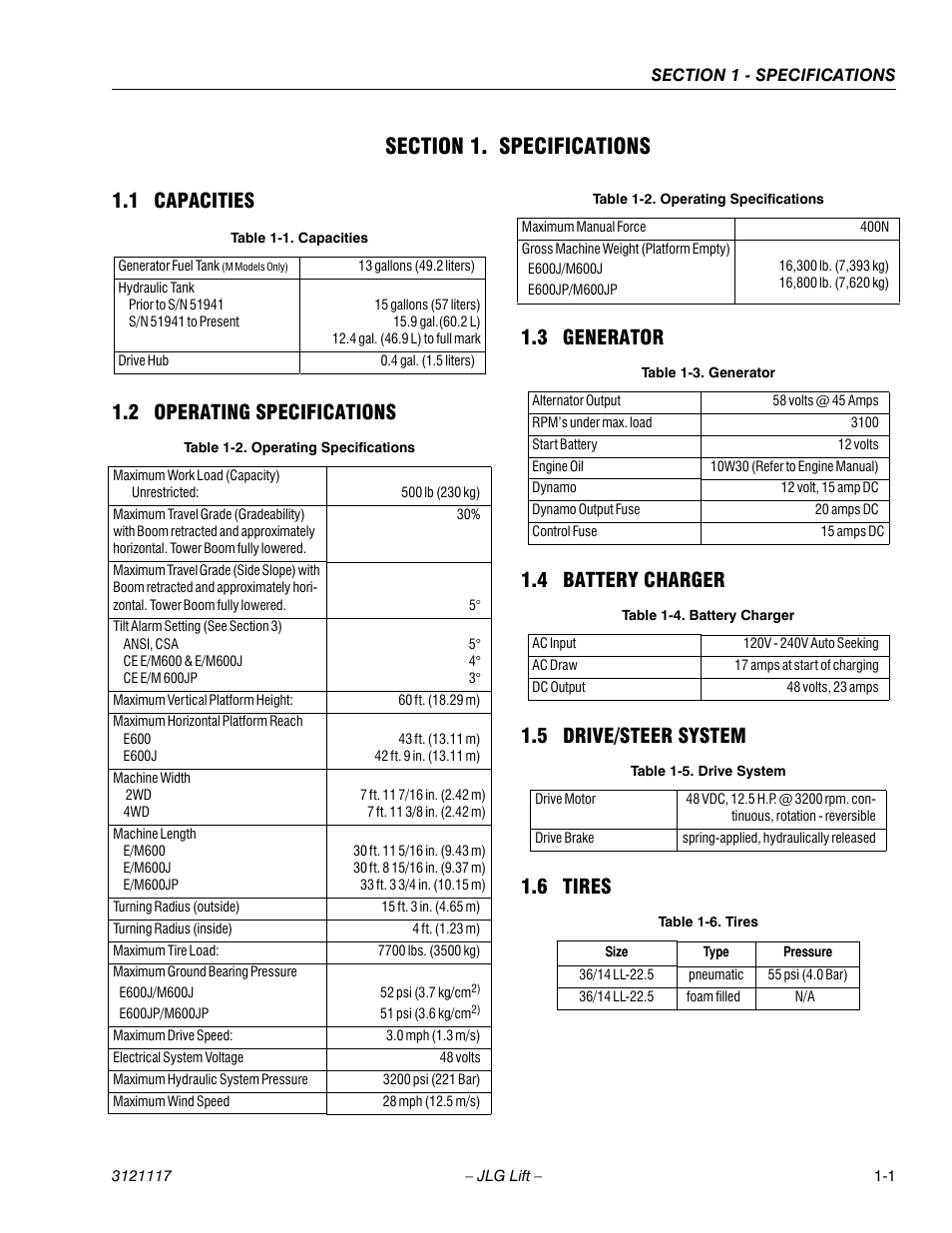 Section 1. specifications, 1 capacities, 2 operating specifications | 3 generator, 4 battery charger, 5 drive/steer system, 6 tires, Capacities -1, Operating specifications -1, Generator -1 | JLG M600 ANSI Service Manual User Manual | Page 15 / 222
