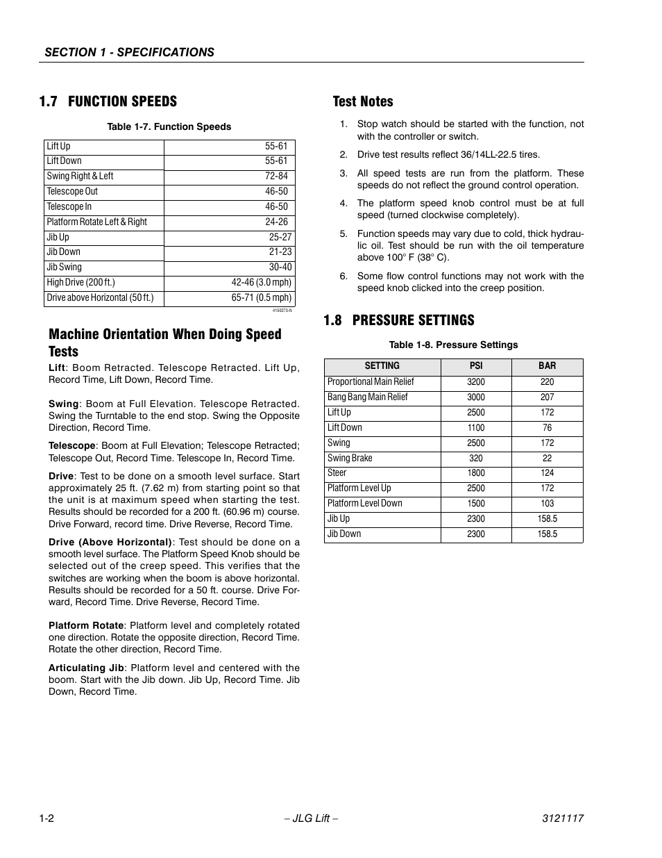 7 function speeds, Machine orientation when doing speed tests, Test notes | 8 pressure settings, Function speeds -2, Pressure settings -2 | JLG M600 ANSI Service Manual User Manual | Page 16 / 222