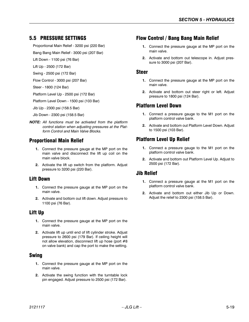 5 pressure settings, Proportional main relief, Lift down | Lift up, Swing, Flow control / bang bang main relief, Steer, Platform level down, Platform level up relief, Jib relief | JLG M600 ANSI Service Manual User Manual | Page 163 / 222