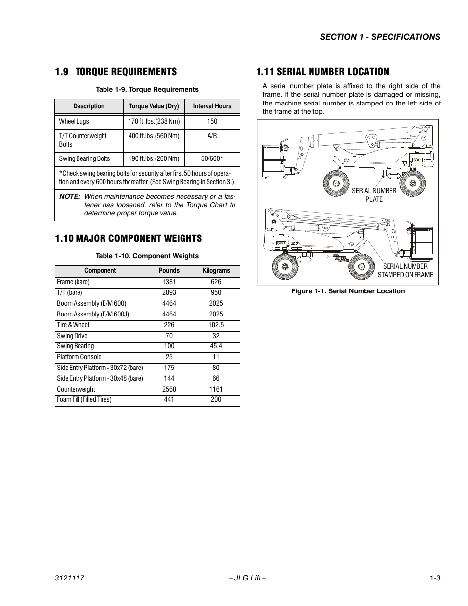 9 torque requirements, 10 major component weights, 11 serial number location | Serial number location -3, Torque requirements -3, Component weights -3 | JLG M600 ANSI Service Manual User Manual | Page 17 / 222