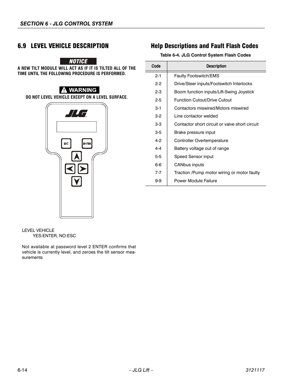 9 level vehicle description, Help descriptions and fault flash codes, Jlg control system flash codes -14 | JLG M600 ANSI Service Manual User Manual | Page 180 / 222