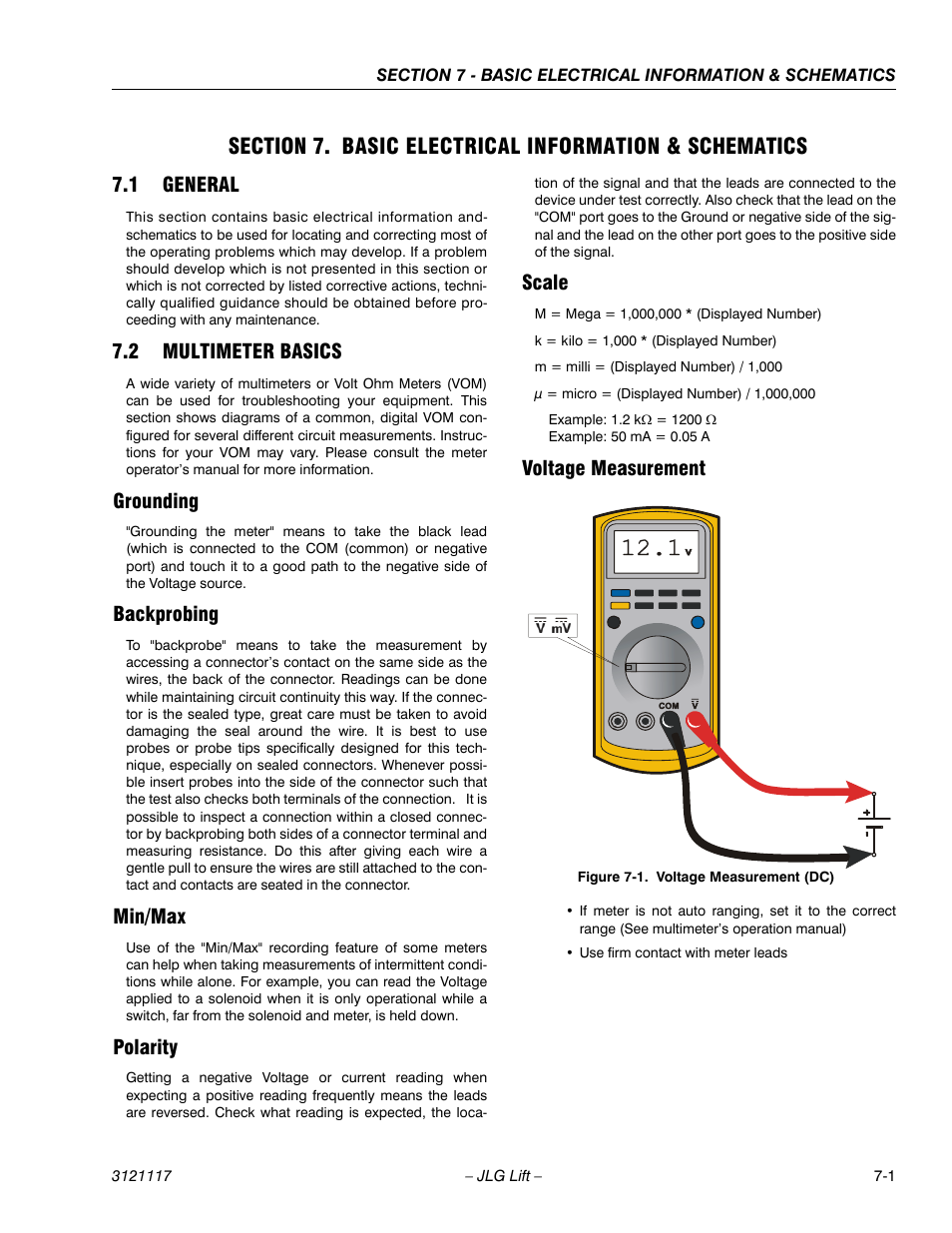 1 general, 2 multimeter basics, Grounding | Backprobing, Min/max, Polarity, Scale, Voltage measurement, Voltage measurement (dc) -1 | JLG M600 ANSI Service Manual User Manual | Page 201 / 222