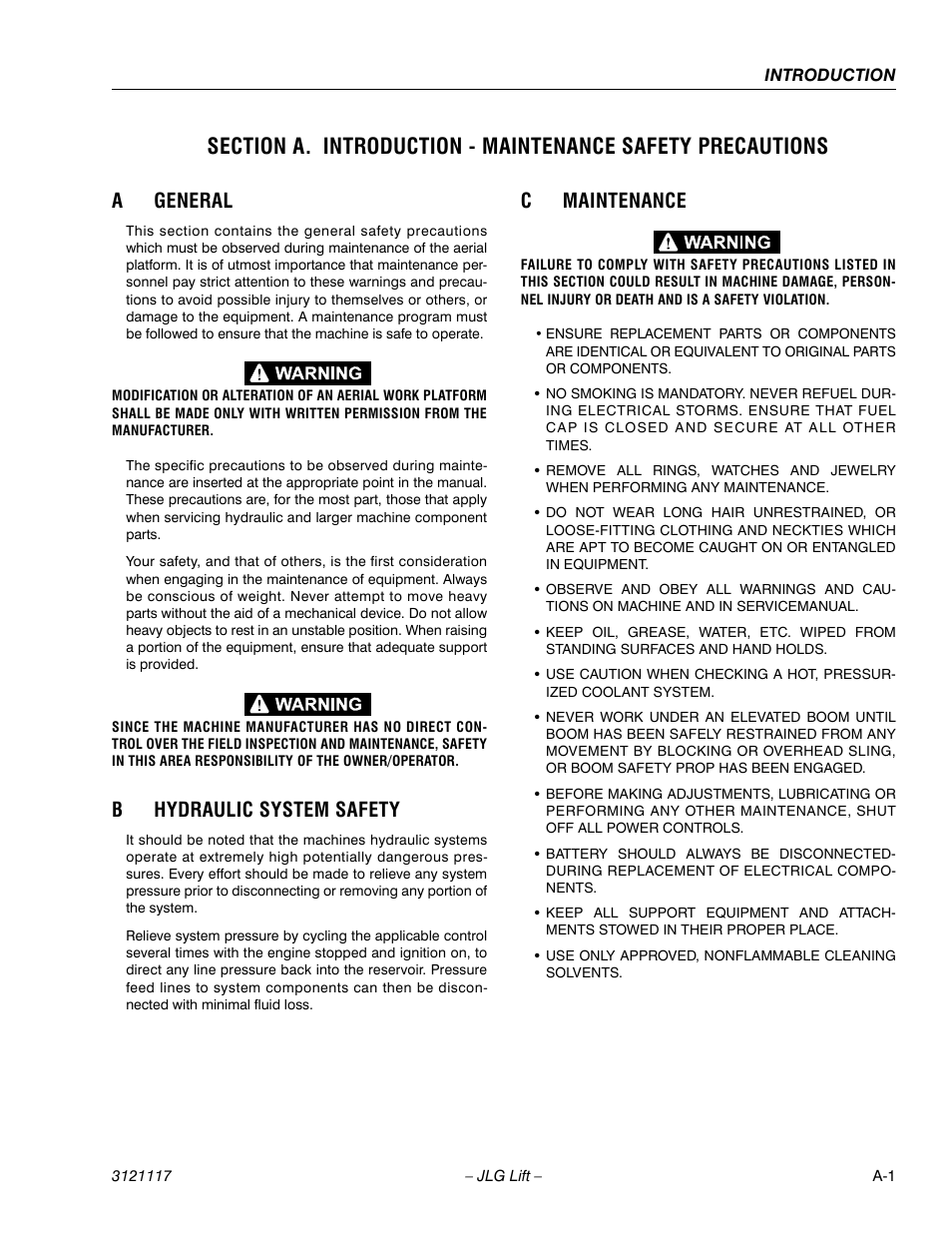 A general, B hydraulic system safety, C maintenance | Ageneral, Bhydraulic system safety, Cmaintenance | JLG M600 ANSI Service Manual User Manual | Page 3 / 222