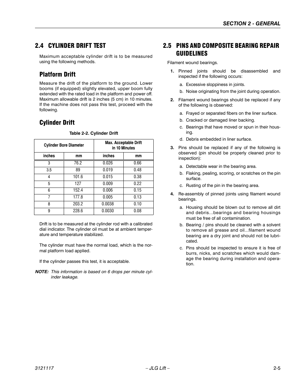 4 cylinder drift test, Platform drift, Cylinder drift | 5 pins and composite bearing repair guidelines, Cylinder drift -5 | JLG M600 ANSI Service Manual User Manual | Page 33 / 222