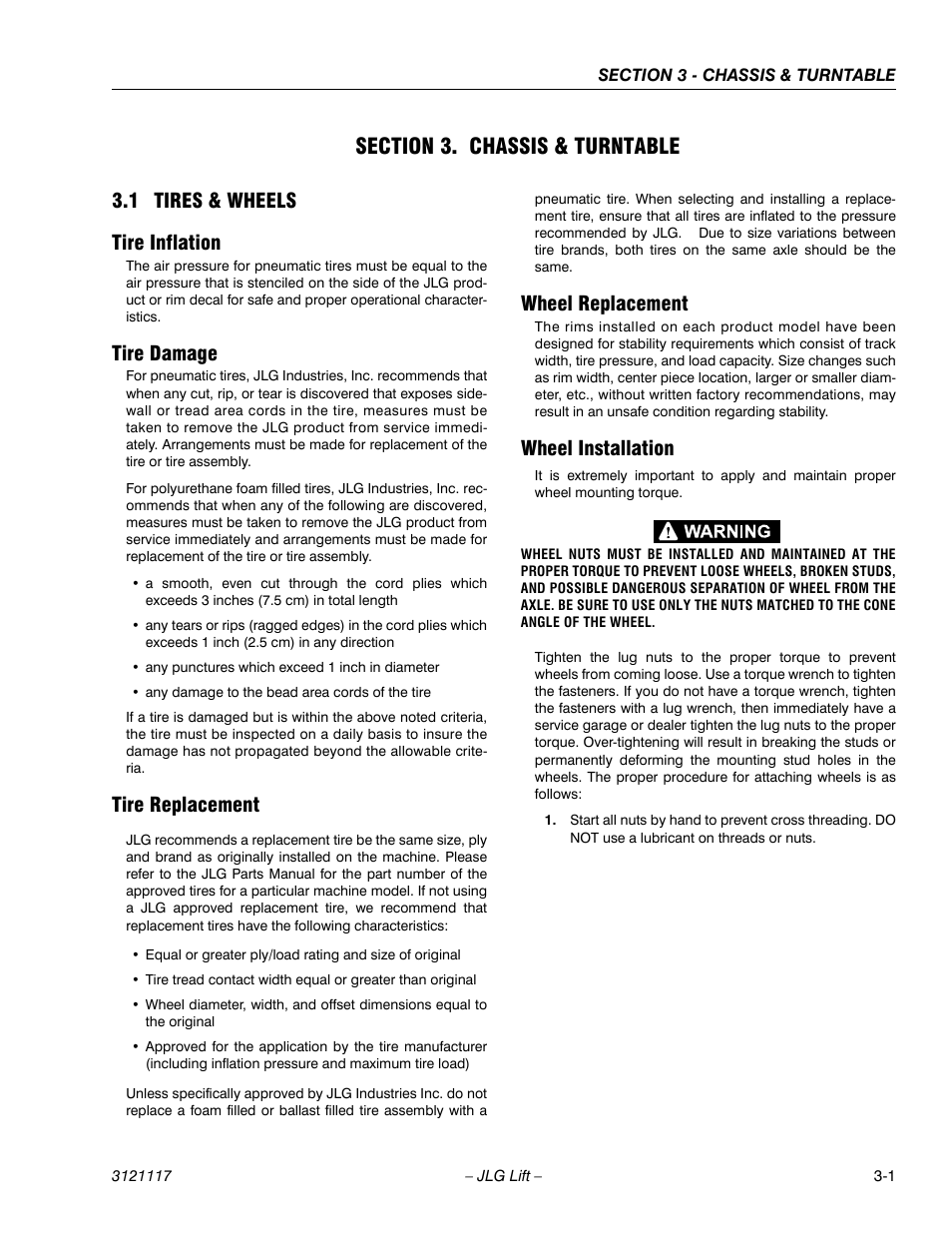 Section 3. chassis & turntable, 1 tires & wheels, Tire inflation | Tire damage, Tire replacement, Wheel replacement, Wheel installation, 1 tires & wheels tire inflation | JLG M600 ANSI Service Manual User Manual | Page 39 / 222