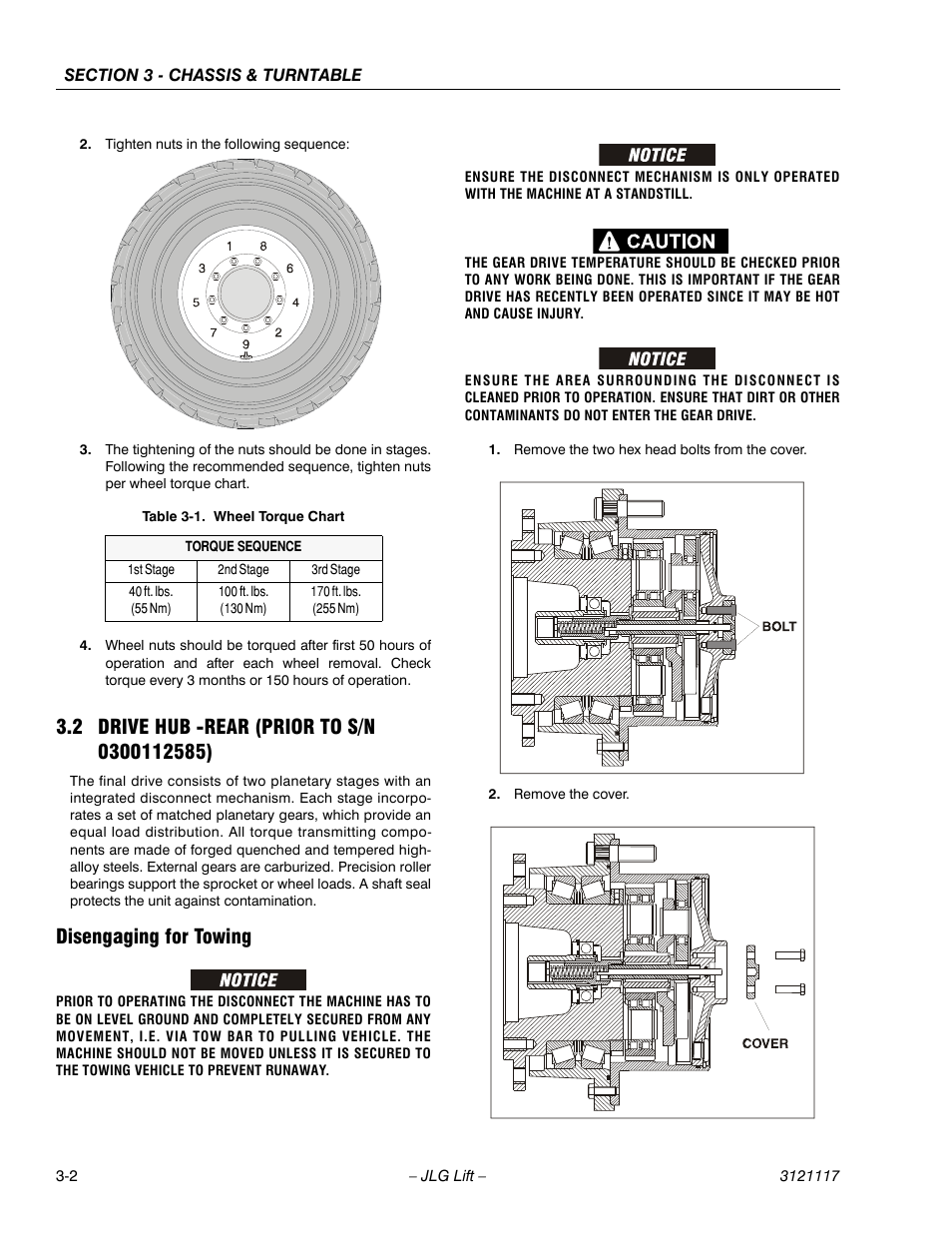 2 drive hub -rear (prior to s/n 0300112585), Disengaging for towing, Wheel torque chart -2 | JLG M600 ANSI Service Manual User Manual | Page 40 / 222