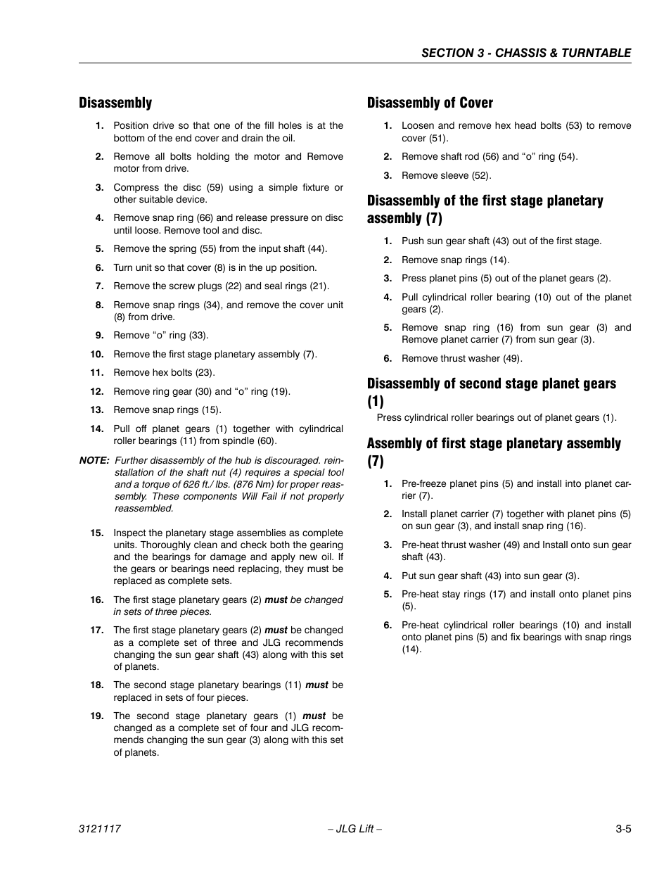 Disassembly, Disassembly of cover, Disassembly of second stage planet gears (1) | Assembly of first stage planetary assembly (7) | JLG M600 ANSI Service Manual User Manual | Page 43 / 222