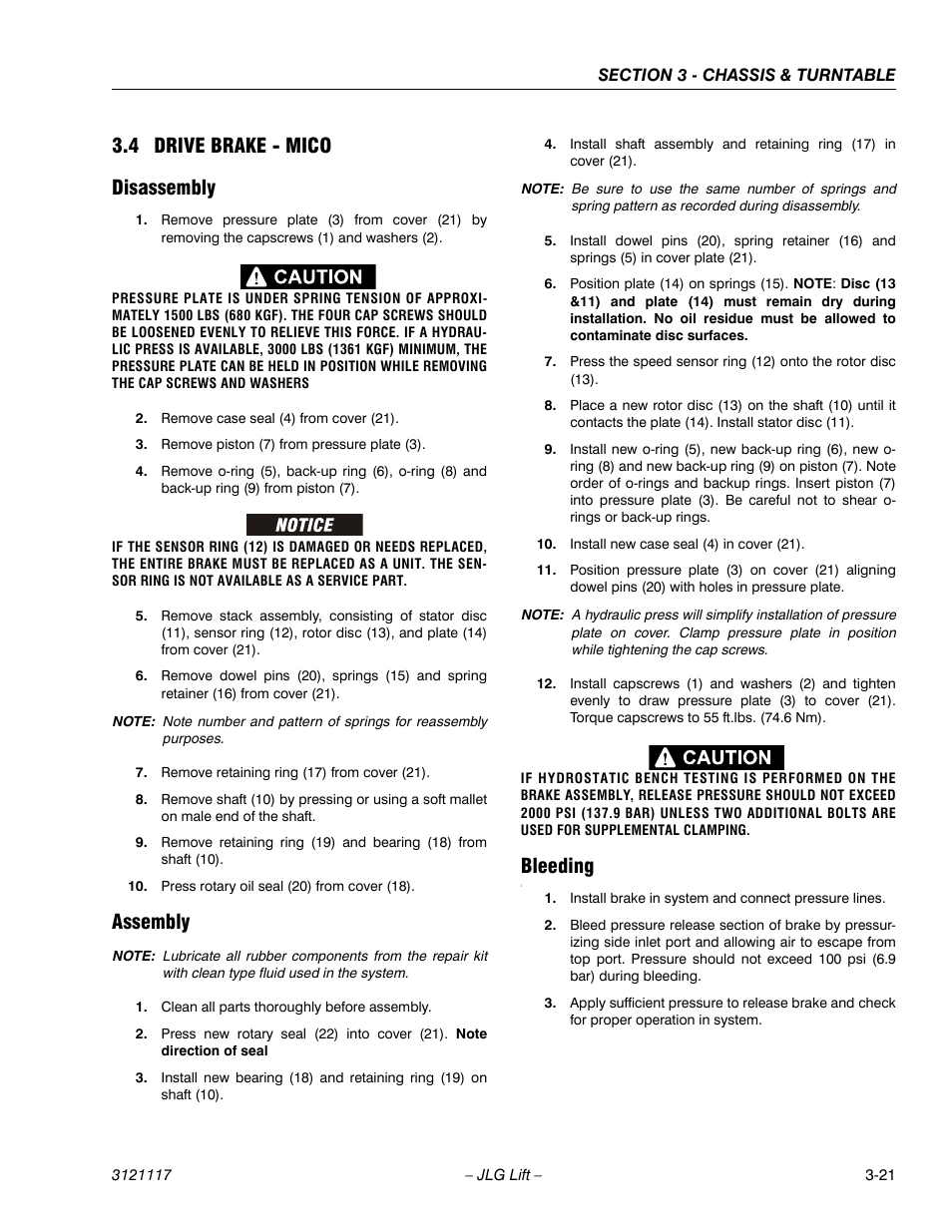 4 drive brake - mico, Disassembly, Assembly | Bleeding, 4 drive brake - mico disassembly | JLG M600 ANSI Service Manual User Manual | Page 59 / 222