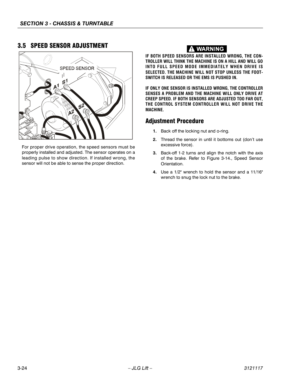 5 speed sensor adjustment, Adjustment procedure | JLG M600 ANSI Service Manual User Manual | Page 62 / 222