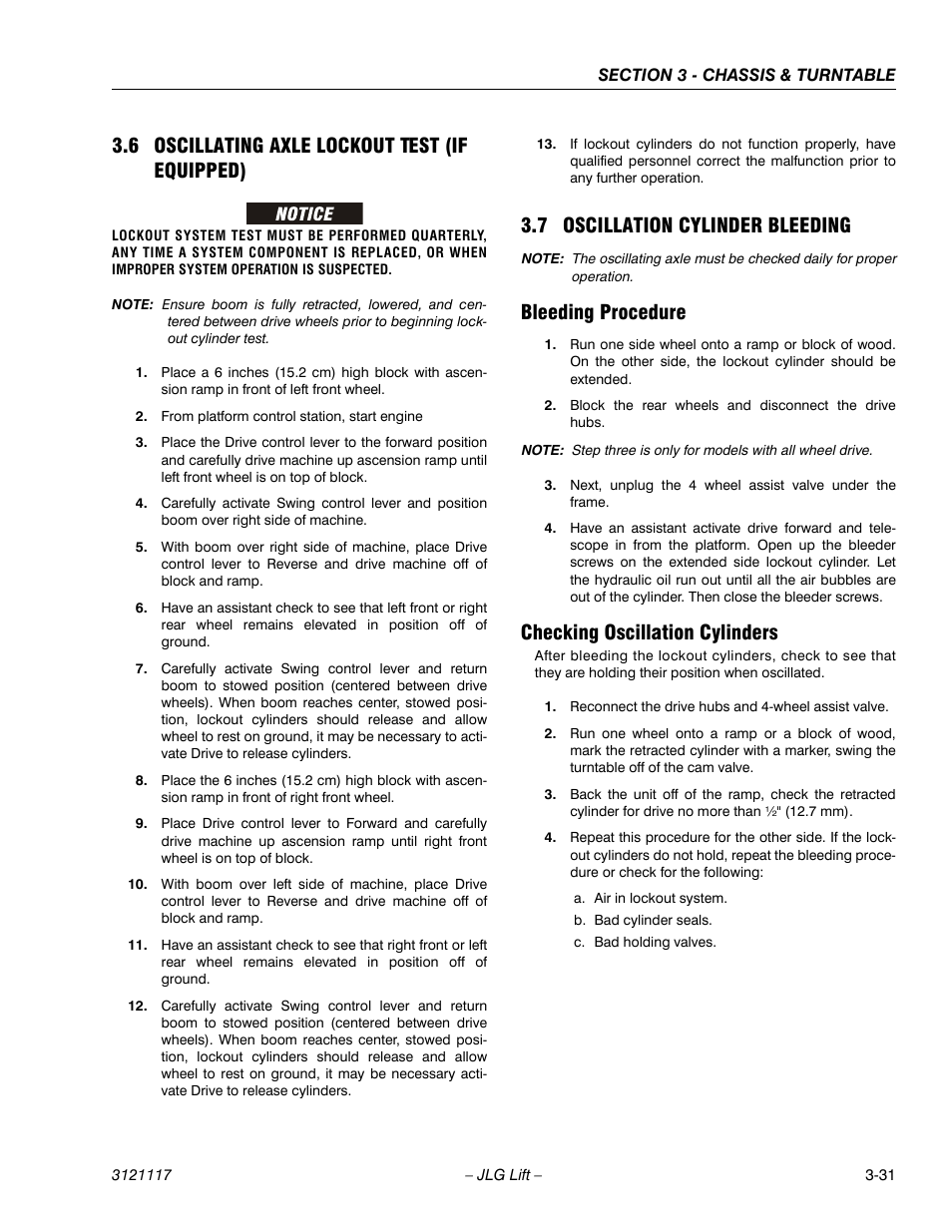 6 oscillating axle lockout test (if equipped), 7 oscillation cylinder bleeding, Bleeding procedure | Checking oscillation cylinders | JLG M600 ANSI Service Manual User Manual | Page 69 / 222