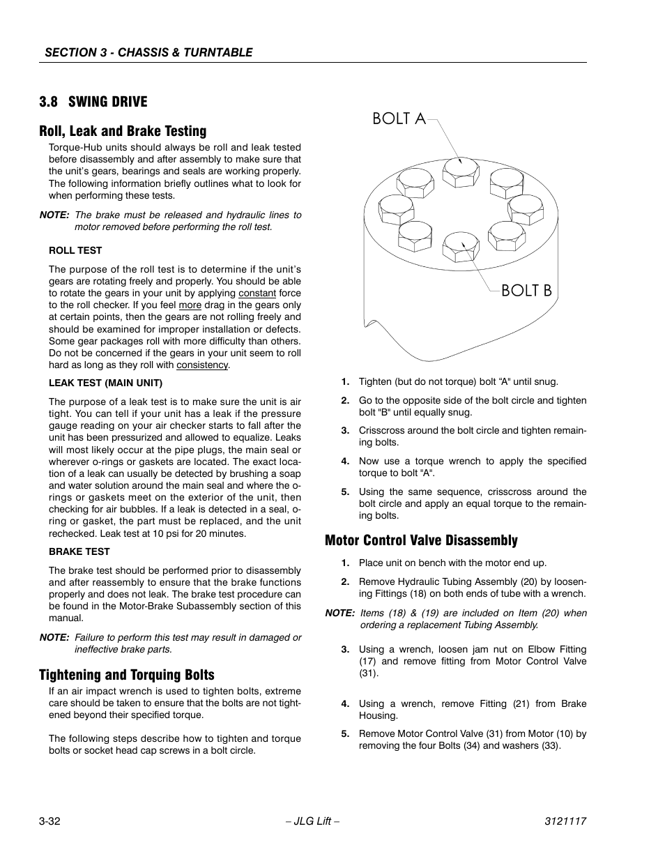 8 swing drive, Roll, leak and brake testing, Tightening and torquing bolts | Motor control valve disassembly, 8 swing drive roll, leak and brake testing | JLG M600 ANSI Service Manual User Manual | Page 70 / 222