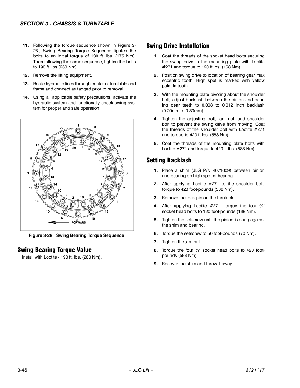 Swing bearing torque value, Swing drive installation, Setting backlash | Swing bearing torque sequence -46 | JLG M600 ANSI Service Manual User Manual | Page 84 / 222