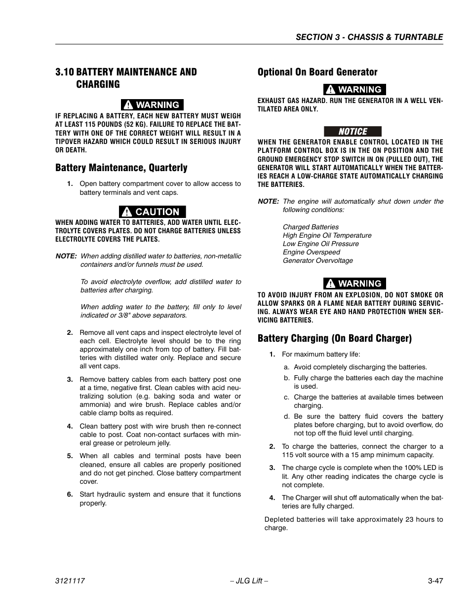 10 battery maintenance and charging, Battery maintenance, quarterly, Optional on board generator | Battery charging (on board charger) | JLG M600 ANSI Service Manual User Manual | Page 85 / 222