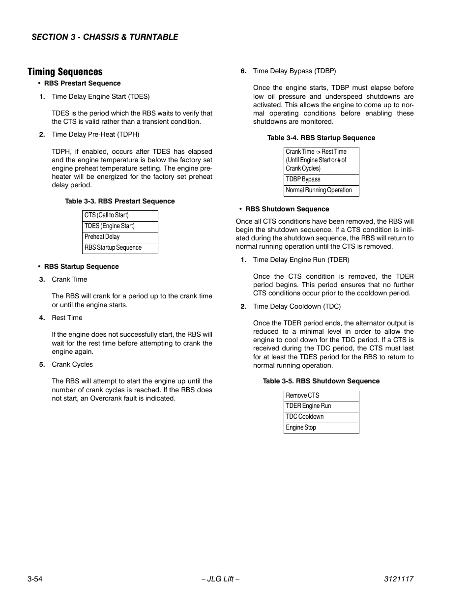 Timing sequences, Rbs prestart sequence -54, Rbs startup sequence -54 | Rbs shutdown sequence -54 | JLG M600 ANSI Service Manual User Manual | Page 92 / 222