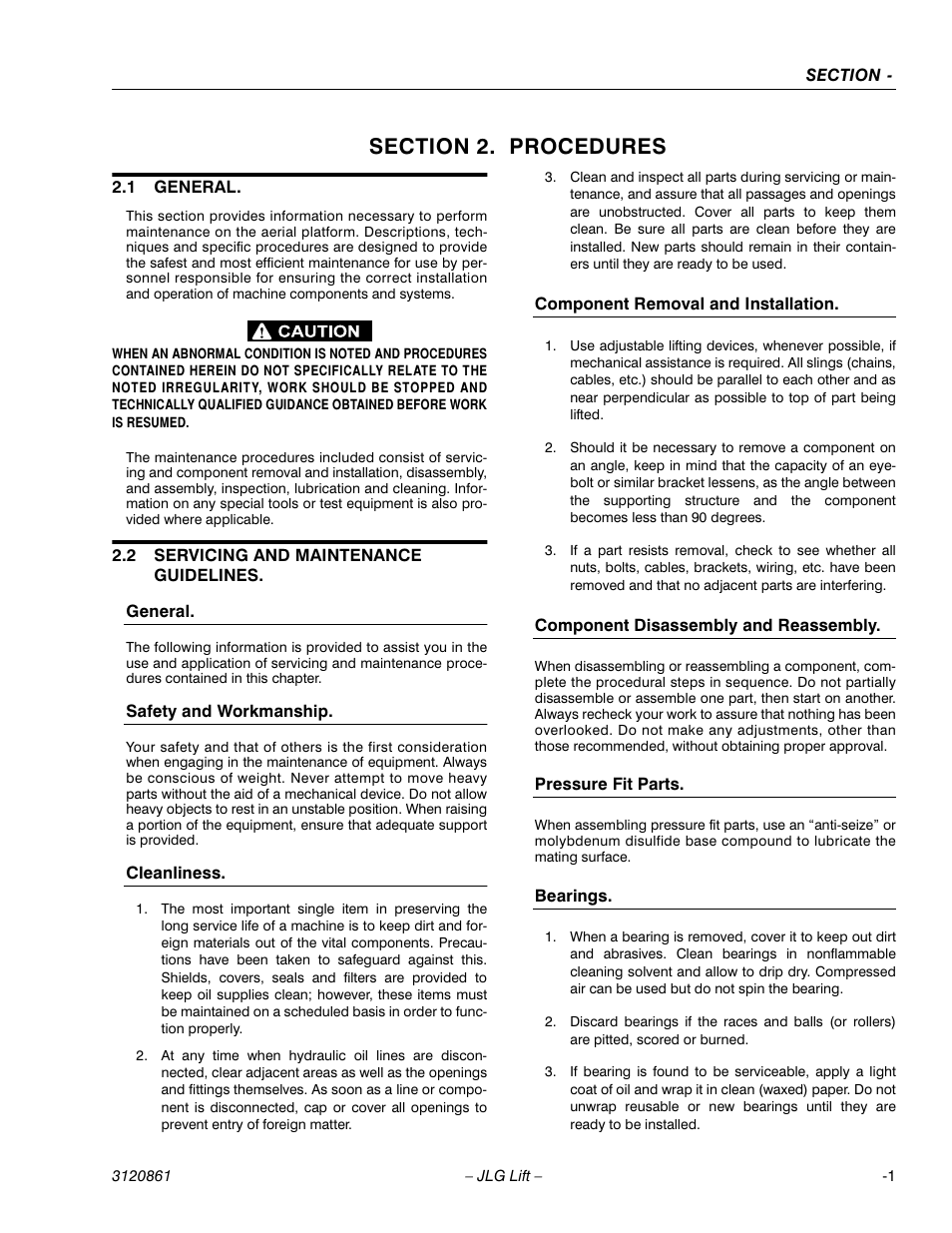 Section 2. procedures, 1 general, 2 servicing and maintenance guidelines | Section 2 - procedures, General -1, Servicing and maintenance guidelines -1 | JLG 45e Service Manual User Manual | Page 27 / 98