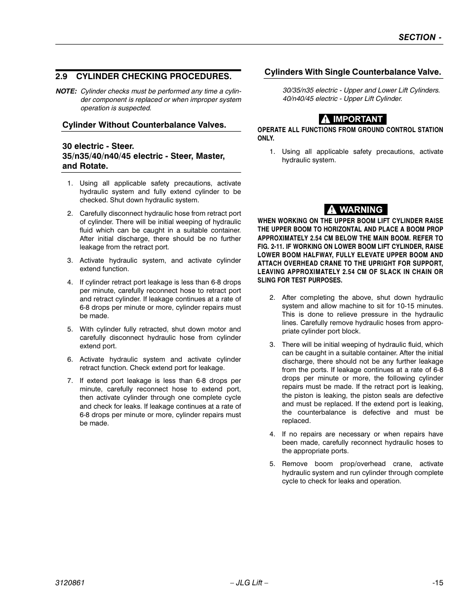9 cylinder checking procedures, Cylinder checking procedures -15 | JLG 45e Service Manual User Manual | Page 41 / 98