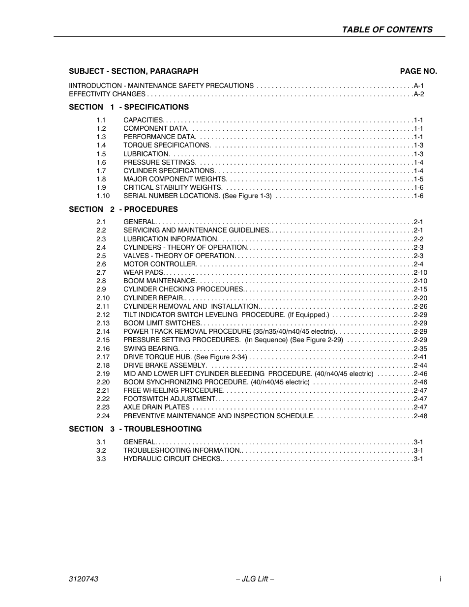 Iintroduction - maintenance safety precautions a-1, Effectivity changes a-2 | JLG 45e Service Manual User Manual | Page 5 / 98