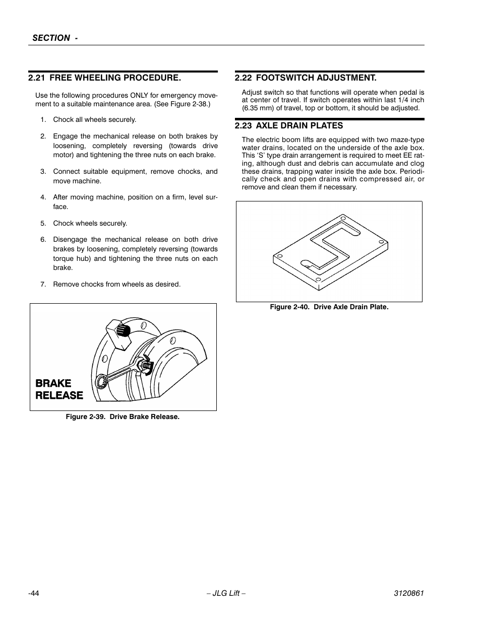 21 free wheeling procedure, 22 footswitch adjustment, 23 axle drain plates | Free wheeling procedure -47, Axle drain plates -47 | JLG 45e Service Manual User Manual | Page 70 / 98