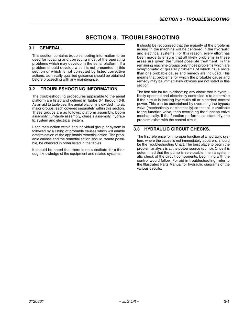 Section 3. troubleshooting, 1 general, 2 troubleshooting information | 3 hydraulic circuit checks, Section 3 - troubleshooting, General -1, Troubleshooting information -1, Hydraulic circuit checks -1 | JLG 45e Service Manual User Manual | Page 75 / 98