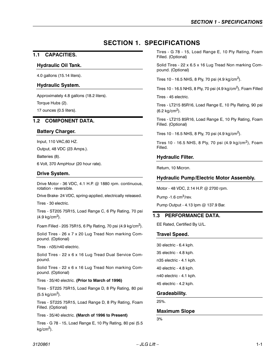 Section 1. specifications, 1 capacities, 2 component data | 3 performance data | JLG 45e Service Manual User Manual | Page 9 / 98