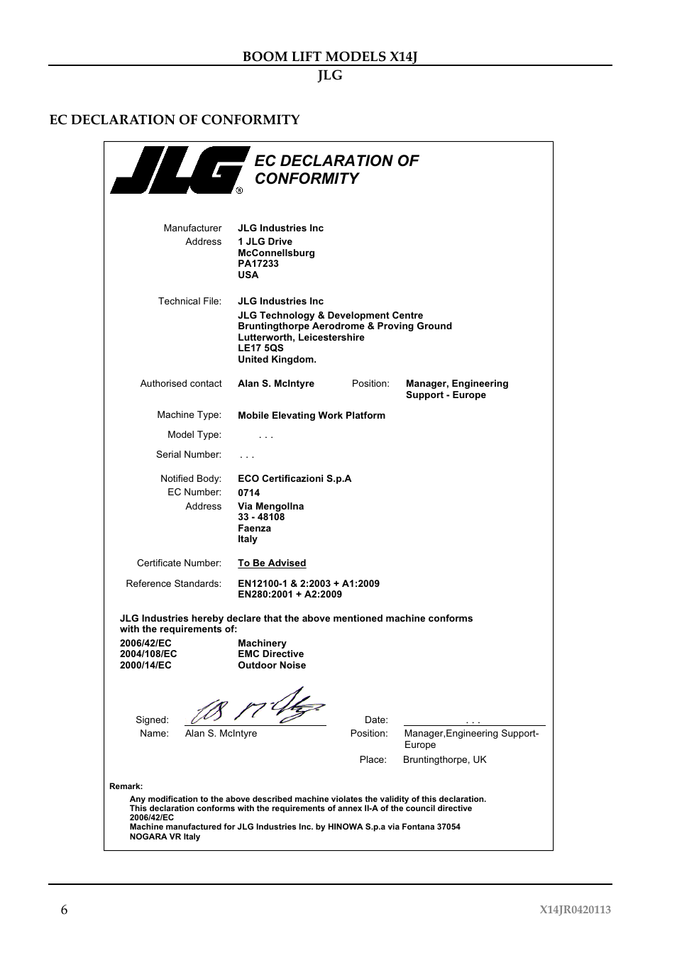 Ec declaration of conformity | JLG X14J Operator Manual User Manual | Page 10 / 169