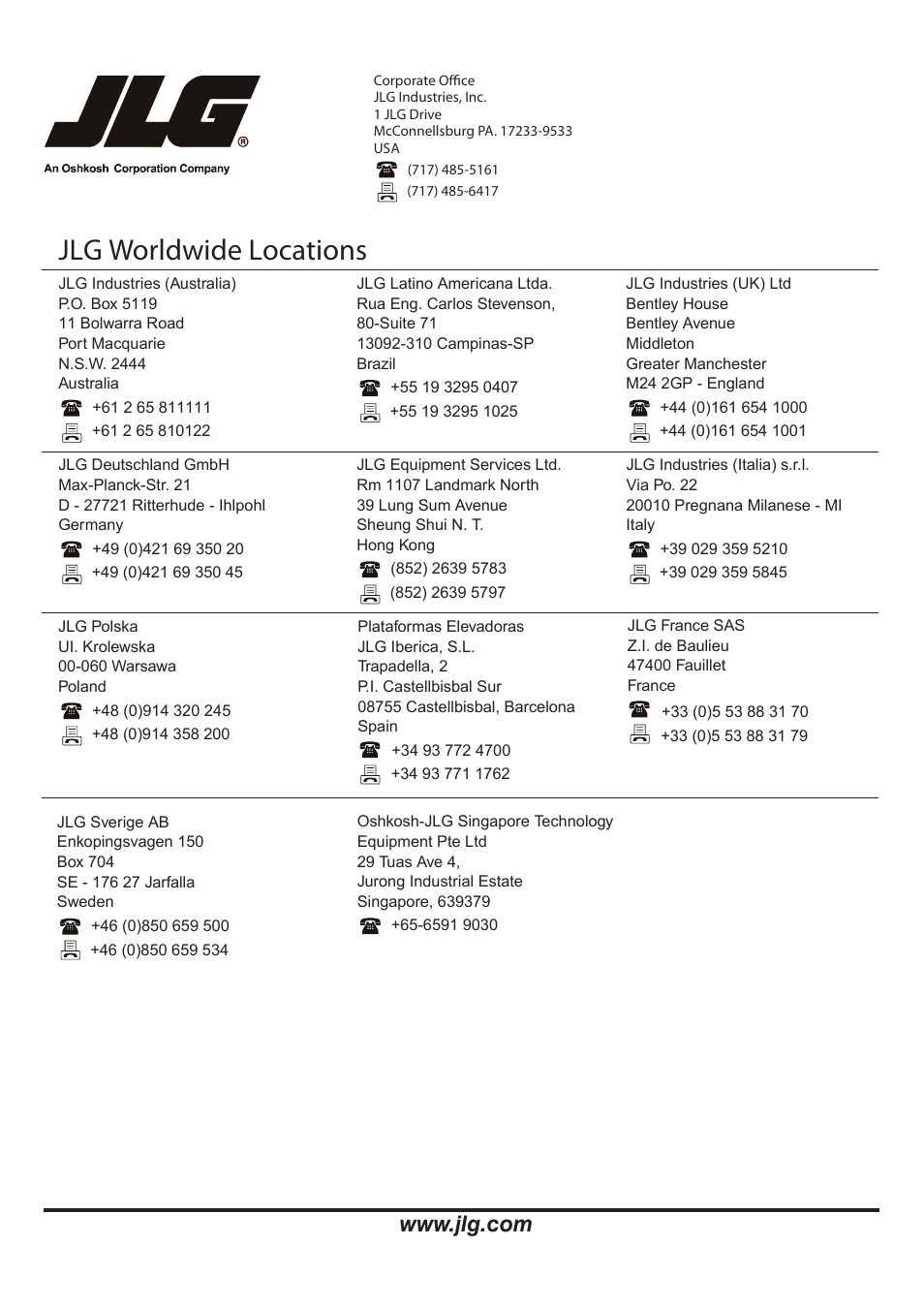 Jlg worldwide locations | JLG X14J Operator Manual User Manual | Page 169 / 169