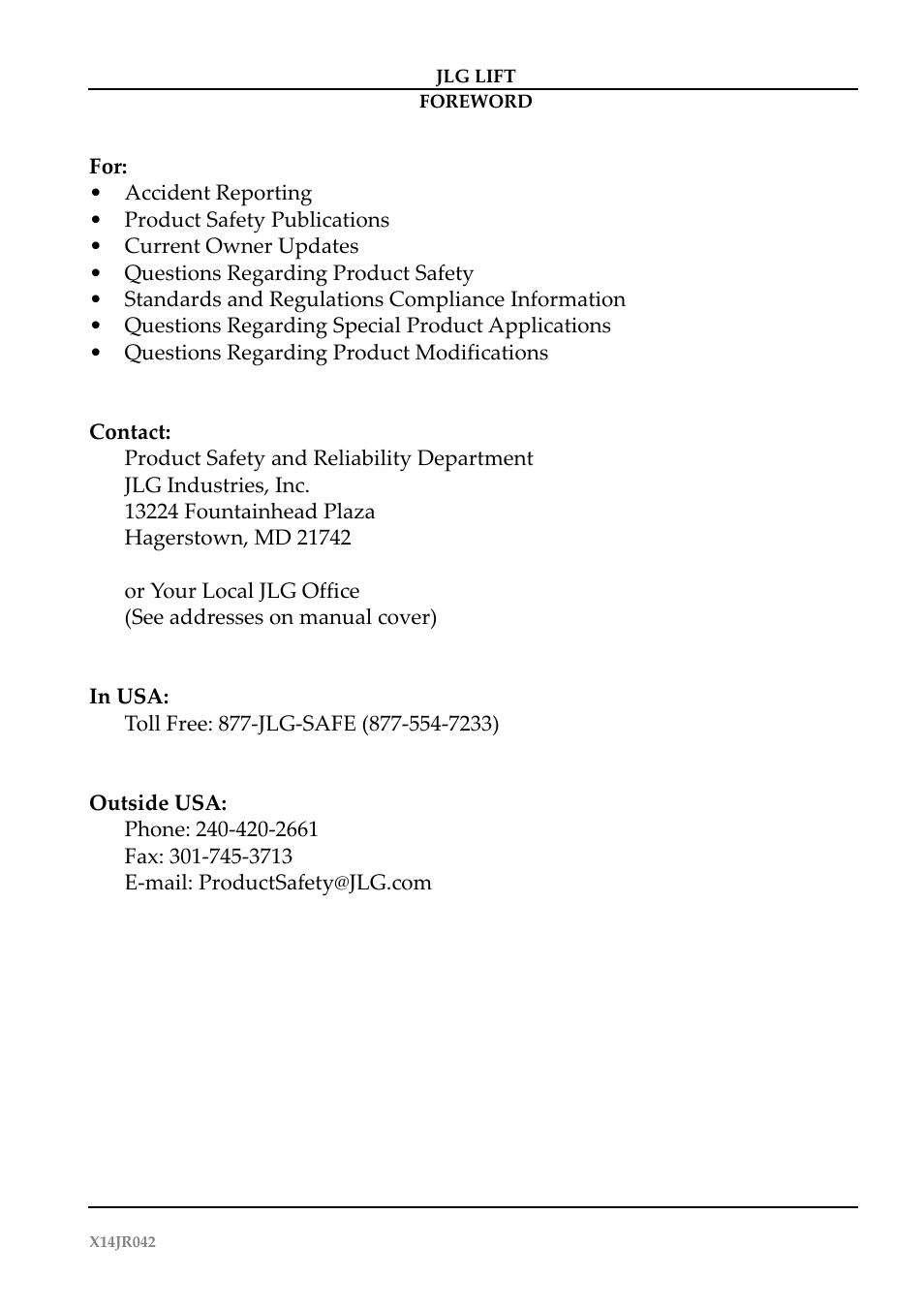 JLG X14J Operator Manual User Manual | Page 3 / 169
