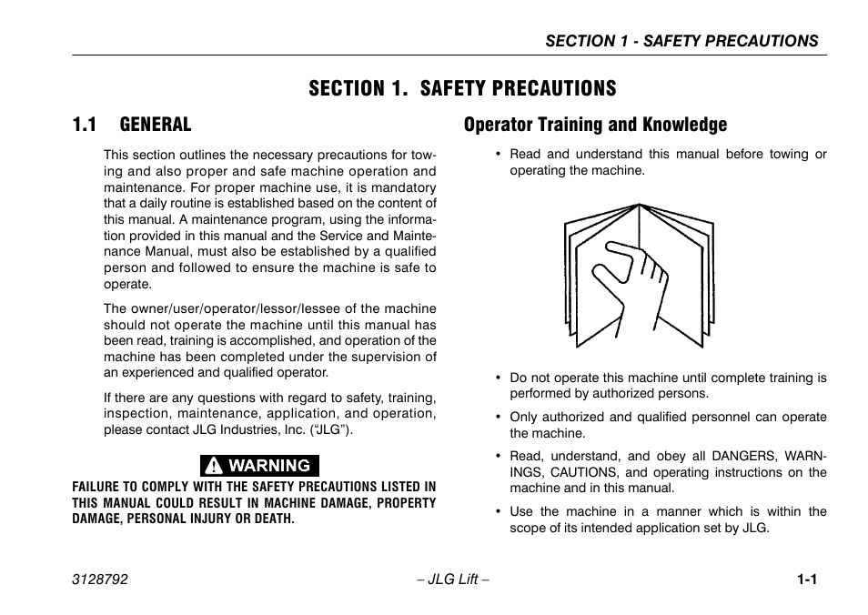 Section 1. safety precautions, 1 general, Operator training and knowledge | Section - 1 - safety precautions, 1 general -1, Operator training and knowledge -1 | JLG X390AJ Operator Manual User Manual | Page 11 / 138