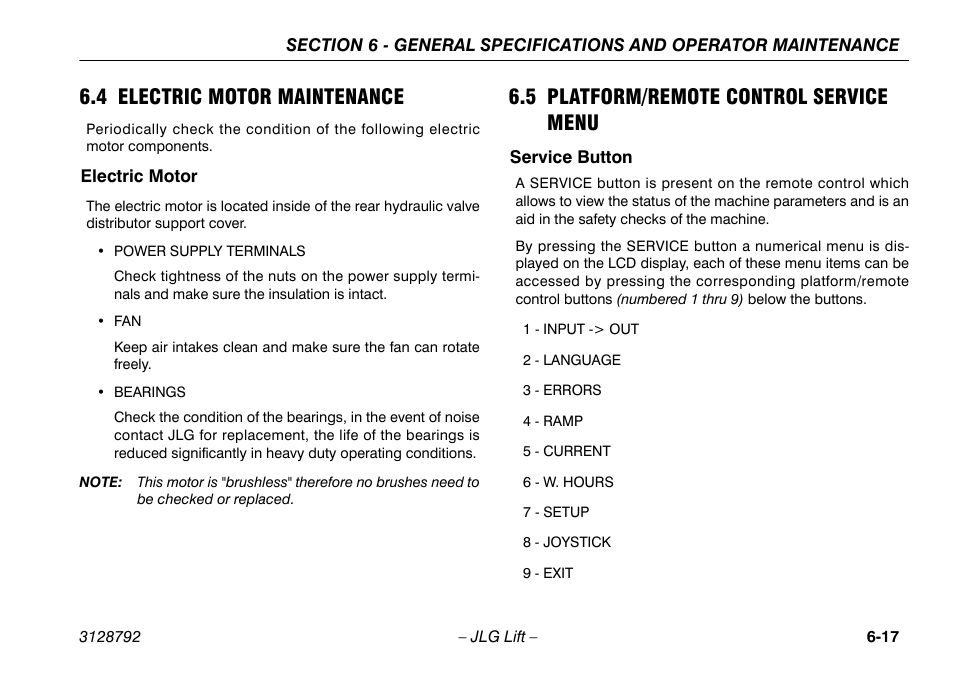 4 electric motor maintenance, Electric motor, 5 platform/remote control service menu | Service button, 4 electric motor maintenance -17, Electric motor -17, 5 platform/remote control, Service menu -17, Service button -17 | JLG X390AJ Operator Manual User Manual | Page 119 / 138