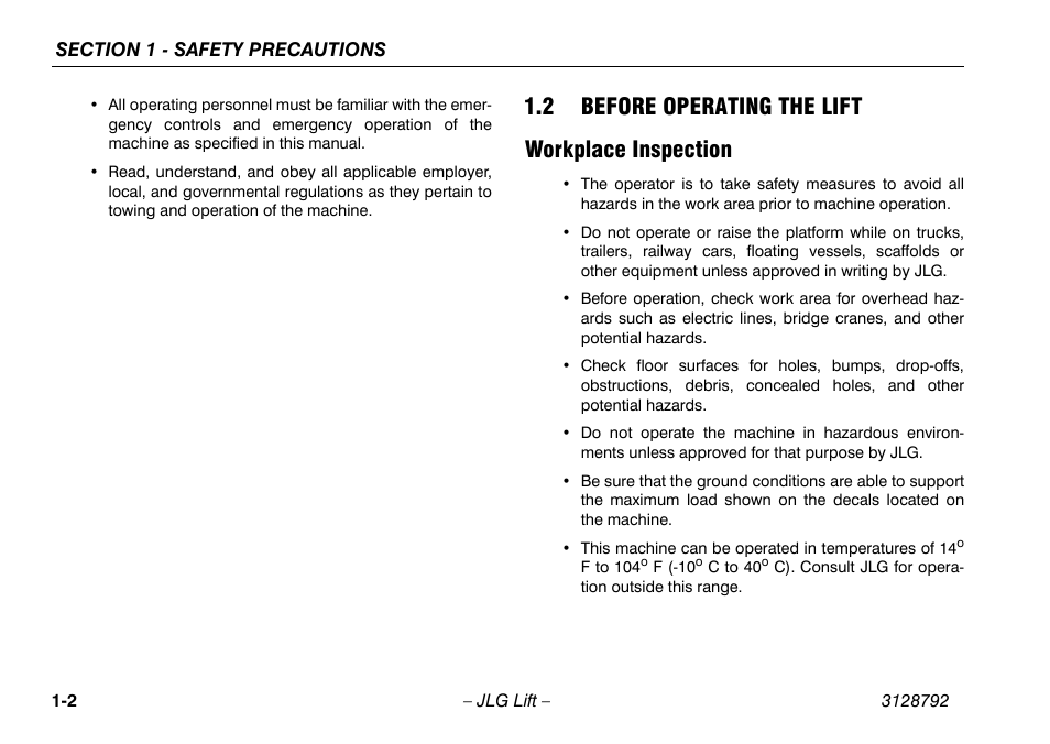 2 before operating the lift, Workplace inspection, 2 before operating the lift -2 | Workplace inspection -2, 2 before operating the lift workplace inspection | JLG X390AJ Operator Manual User Manual | Page 12 / 138