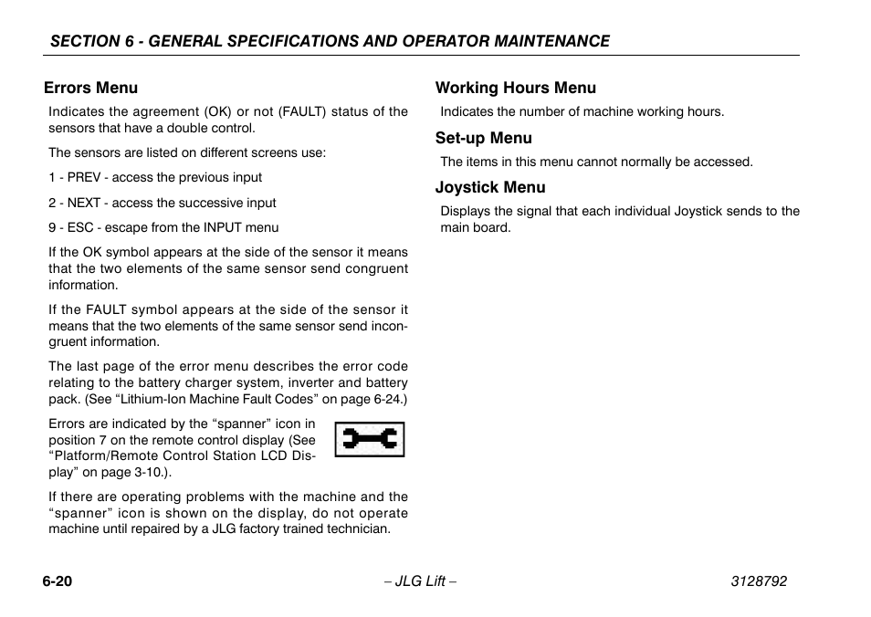 Errors menu, Working hours menu, Set-up menu | Joystick menu | JLG X390AJ Operator Manual User Manual | Page 122 / 138