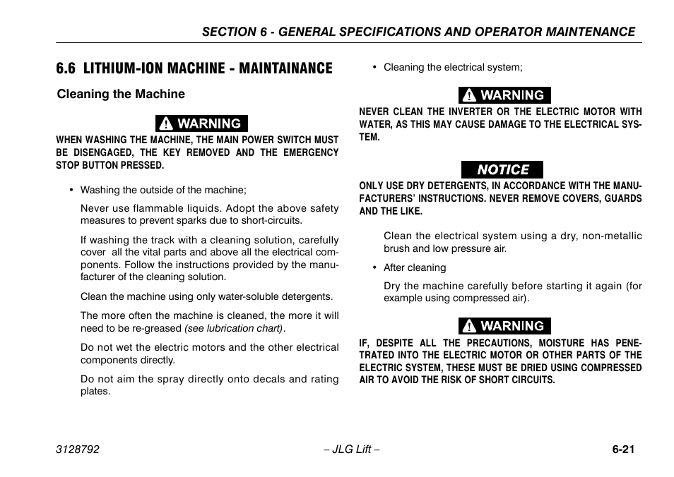 6 lithium-ion machine - maintainance, Cleaning the machine, 6 lithium-ion machine - maintainance -21 | Cleaning the machine -21 | JLG X390AJ Operator Manual User Manual | Page 123 / 138