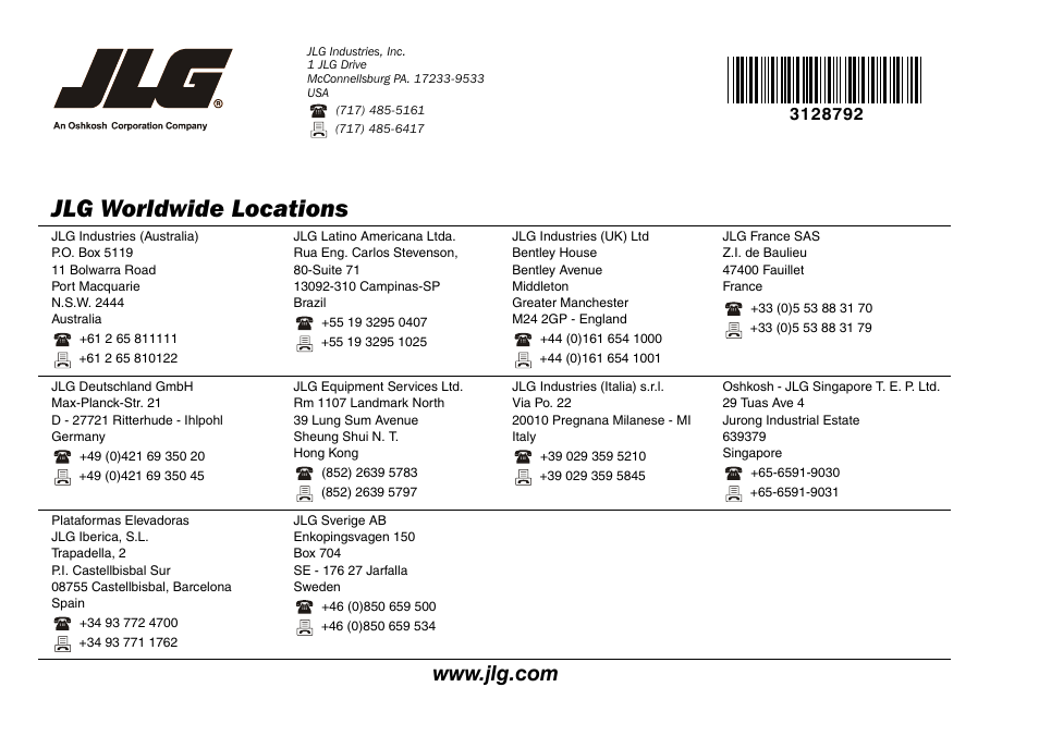 Jlg worldwide locations | JLG X390AJ Operator Manual User Manual | Page 138 / 138