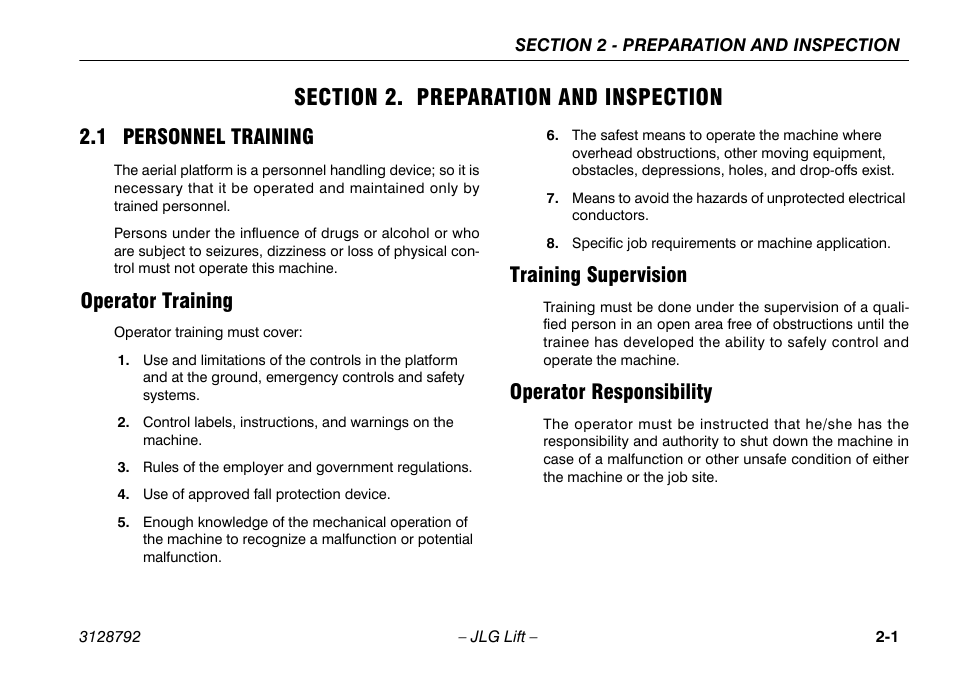Section 2. preparation and inspection, 1 personnel training, Operator training | Training supervision, Operator responsibility, Section - 2 - preparation and inspection, 1 personnel training -1, Operator training -1 training supervision -1, Operator responsibility -1 | JLG X390AJ Operator Manual User Manual | Page 21 / 138