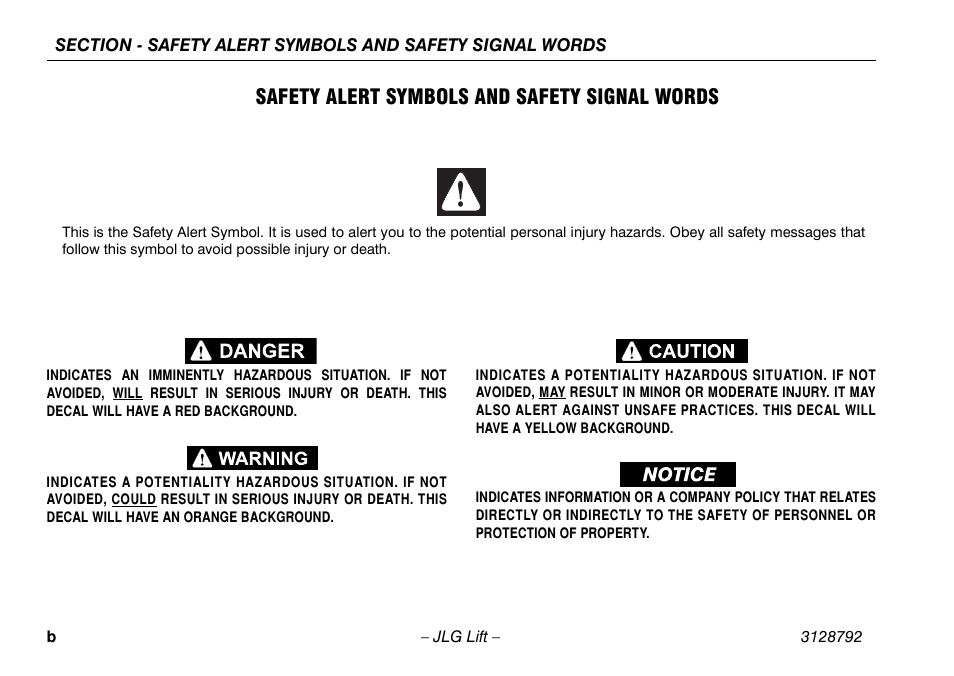 Safety alert symbols and safety signal words | JLG X390AJ Operator Manual User Manual | Page 4 / 138