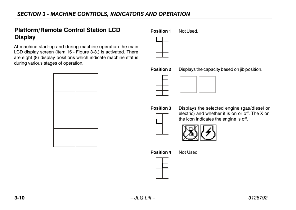 Platform/remote control station lcd display, Platform/remote control station lcd display . 3-10 | JLG X390AJ Operator Manual User Manual | Page 40 / 138