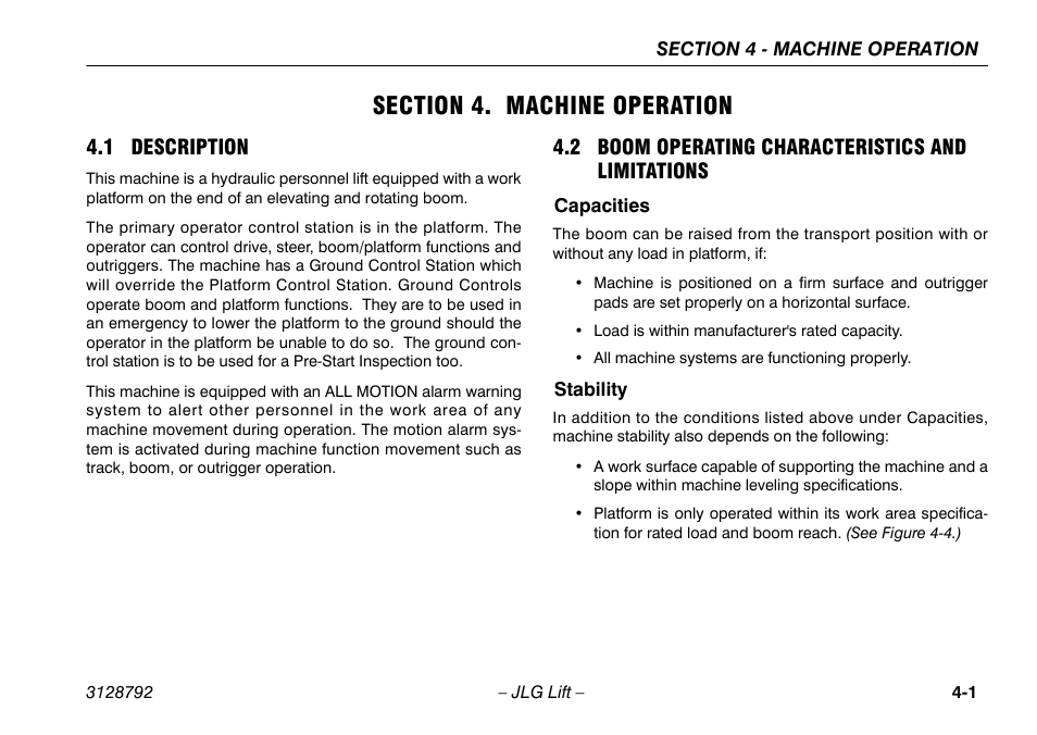 Section 4. machine operation, 1 description, 2 boom operating characteristics and limitations | Capacities, Stability, Section - 4 - machine operation, Limitations -1, Capacities -1 stability -1 | JLG X390AJ Operator Manual User Manual | Page 45 / 138