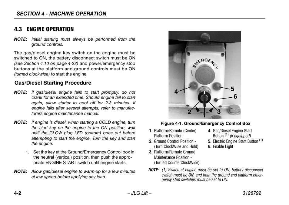 3 engine operation, Gas/diesel starting procedure, 3 engine operation -2 | Gas/diesel starting procedure -2, Ground/emergency control box -2 | JLG X390AJ Operator Manual User Manual | Page 46 / 138