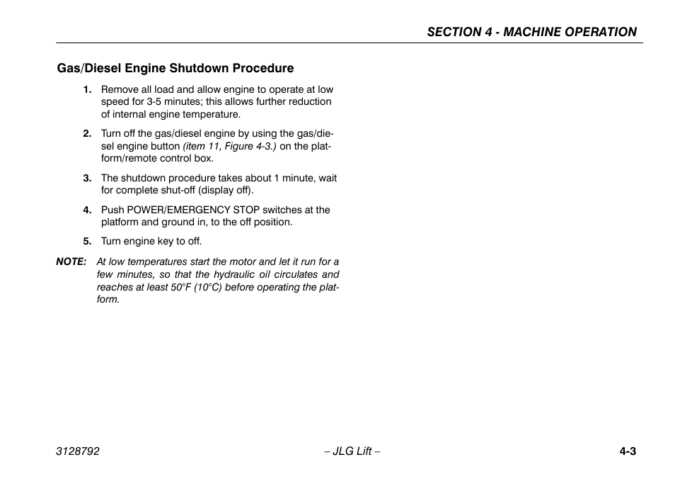 Gas/diesel engine shutdown procedure, Gas/diesel engine shutdown procedure -3 | JLG X390AJ Operator Manual User Manual | Page 47 / 138